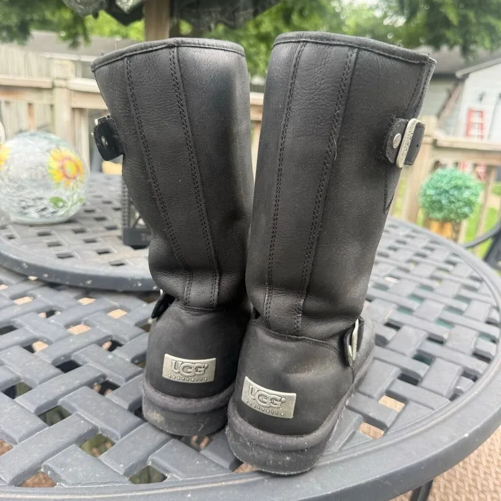 UGG Kensington Women's Moto Biker Boots Black Leather Sherpa Fur Lined - Picture 3 of 5